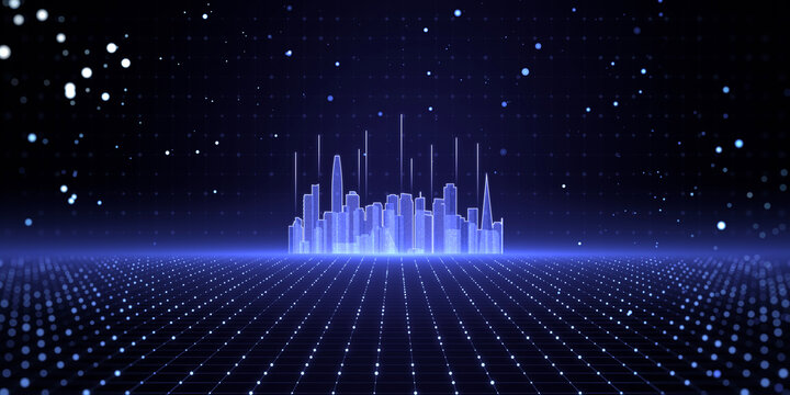 Abstract glowing city skyline hologram on blurry tech backdrop. Metaverse, innovation and technology concept. 3D Rendering.