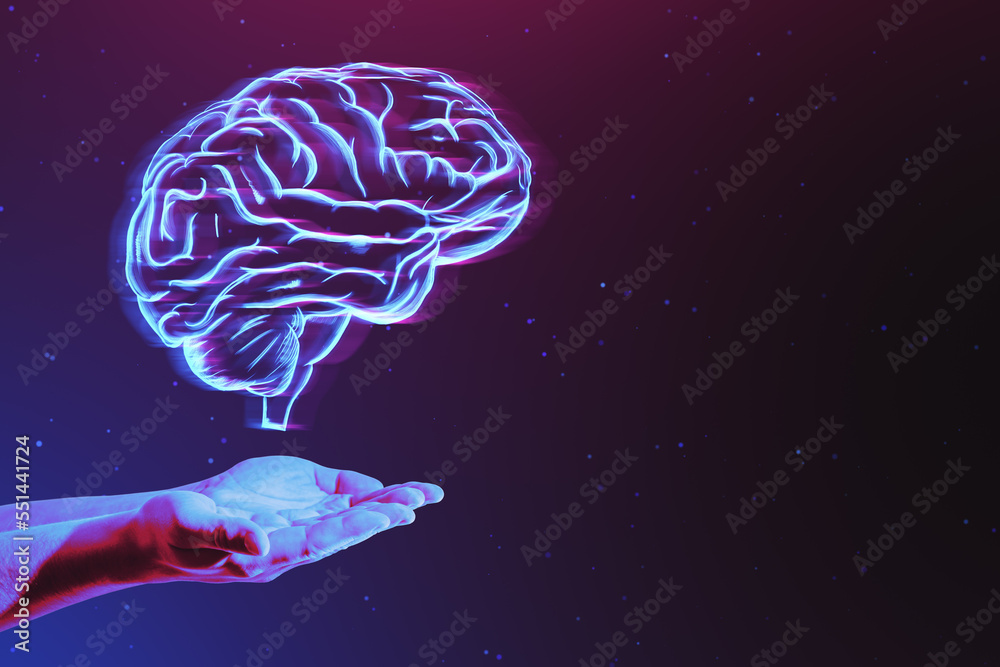 Poster close up of hand holding glowing digital human brain hologram on dark purple background with mock up