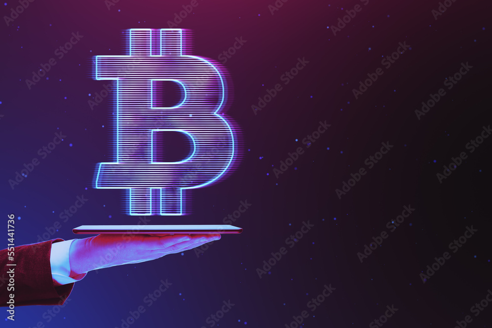 Poster close up of businessman hand holding smartphone with glowing digital bitcoin hologram on dark purple
