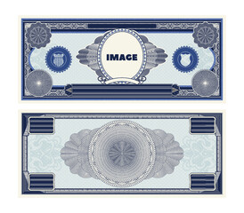 Vector blank sample blue vintage retro banknote labeled image in an empty oval. Guilloche mesh and openwork frame. Template of bill.