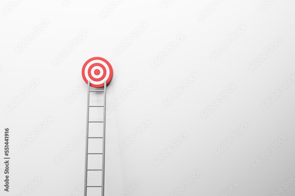 Poster Ladder leading to target on white wall backdrop with mock up place. 3D Rendering.