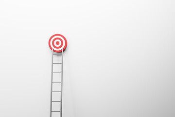 Ladder leading to target on white wall backdrop with mock up place. 3D Rendering. © Who is Danny