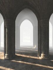 Hall with columns in the Gothic style. 3d illustration