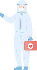 Paramedic medical worker with gown or protective suit, cartoon comic vector character