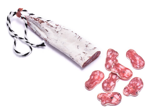 Spanish Fuet thin dried salami sausage isolated on a white background