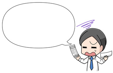 領収書の整理に困る経理の男性・フキダシつき