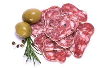 slices of Spanish Fuet thin dried salami sausage isolated on a white background