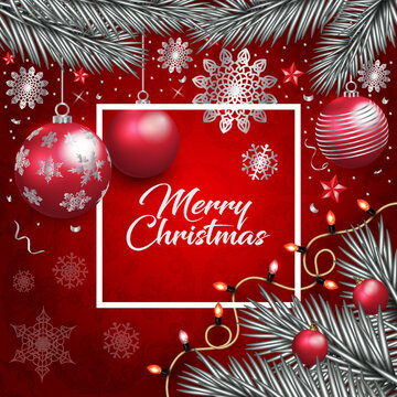 Christmas background with red balls, stars and snowflakes. Christmas Greeting Card.