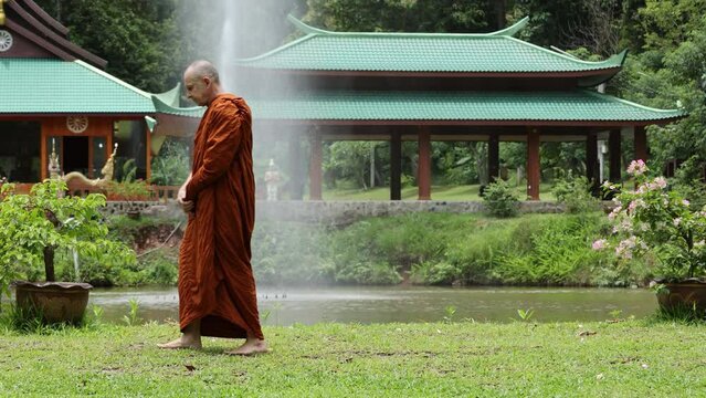 Monk walking meditation in Thai forest monastery