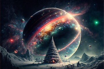 Cosmic Christmas otherworldly Christmas tree and planet