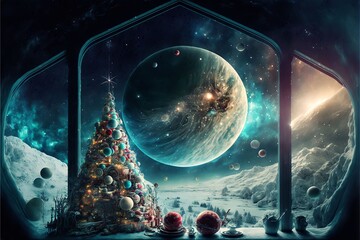 Cosmic Christmas space station in space, wide window and Christmas tree