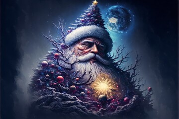 Cosmic Christmas santa claus with christmas trees, otherworldly