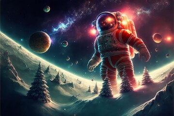 Cosmic Christmas with astronaut and planets and trees in the back