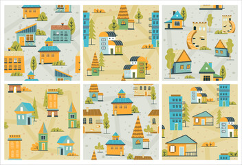 Decorative background pattern set with houses