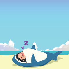 little girl wearing a shark costume character sleeping isolated on a beach background. little girl wearing a shark costume character emoticon illustration