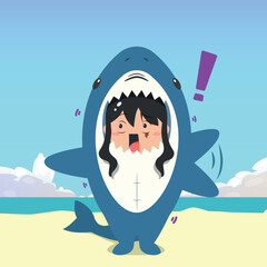 little girl wearing a shark costume character got shocked and pointed to something isolated on a beach background. little girl wearing a shark costume character emoticon illustration