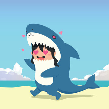 little girl wearing a shark costume character falling in love isolated on a beach background. little girl wearing a shark costume character emoticon illustration