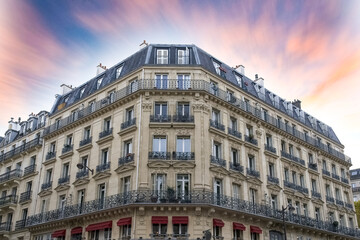 Paris, beautiful building in the Marais, rue de la Bastille in the 4th arrondissement, at sunset
