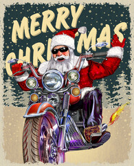 Christmas card with Santa Claus riding vintage motorcycle.Merry Christmas vector illustration.
