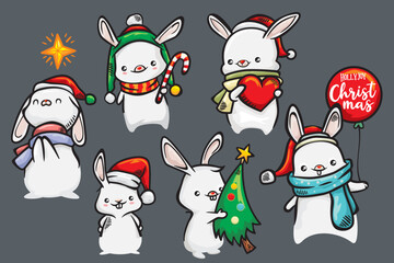 Cute Bunny Winter Collection. set of funny rabbits with christmas gifts