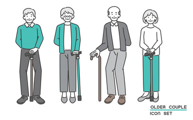 杖をついたグレーヘアーのシニア夫婦の線画ベクターイラスト素材／男女／オシャレ／終活