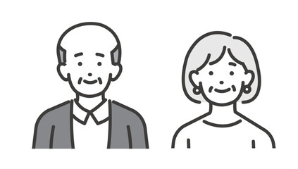 笑顔のグレーヘアーのシニア夫婦の線画ベクターイラスト素材／男女／オシャレ／終活