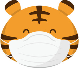 Cute tiger mascot with medical mask face mask smiling, cartoon comic vector