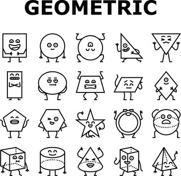 geometric shape character icons set vector. triangle circle, square abstract, cute funny rectangle, figure face, education basic geometric shape character black contour illustrations