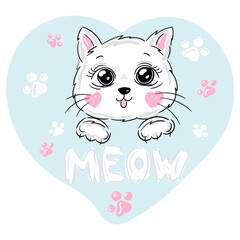 Cute cat portrait with pink and white paws and slogan meow lettering. Kitty girl face, cheerful fashion pussycat cartoon illustration for t-shirt print, kids greeting card, invitation for pet party.