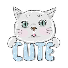 Cat kitten grey face head with lettering inscription Cute 