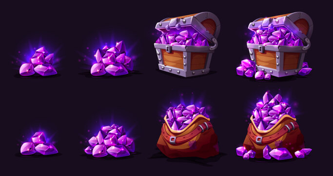 Game icons with treasure chest and bag with amethyst crystals. Shiny purple gemstones piles different size. Luxury jewel stones heaps in wooden box and sack, vector cartoon illustration