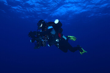 underwater photographers. Underwater photographers are waiting at the security point.Bubble...