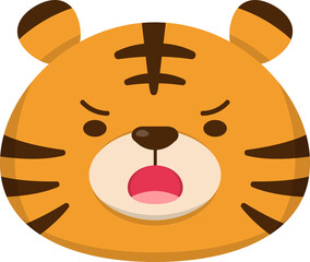 Angry sad tiger emoji, cute cartoon comic mascot face expression