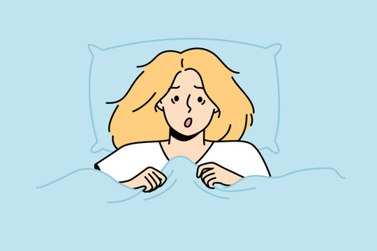 recommend clip art: Portrait of shocked blonde lying in bed at home. Astonished woman peeks out from blanket. Girl woke up in horror after nightmare in dream. Insomnia vector outline illustration isolated on blue.