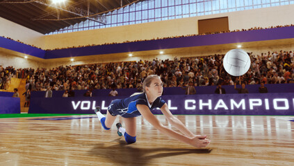 Obraz premium Female volleyball players in action on professional stadium. 