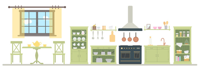 Fototapeta na wymiar Provence style green kitchen with kitchen utensils. Wooden furniture. Rustic interior concept. Cartoon flat style. Vector illustration