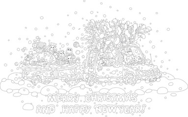 Happy New Year and merry Christmas card with Santa driving his car with a fir tree and a trailer full of gifts, sweets and toys through snowdrifts and snowfall on a winter road