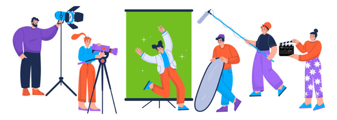 Fototapeta na wymiar Film crew record movie with actress playing role at chroma key screen and staff with professional light equipment, video camera, clapper and microphone shooting episode Linear flat vector illustration