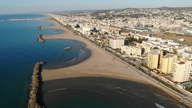 Aerial photo of Mediterranean seashore and pocket beaches in Cunit, province of Tarragona, Spain.