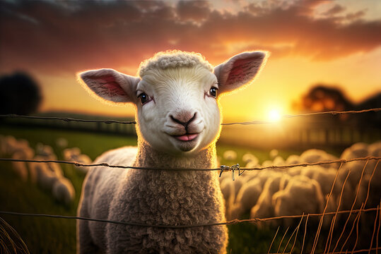 Picture of a cute little lamb in a field at sunset