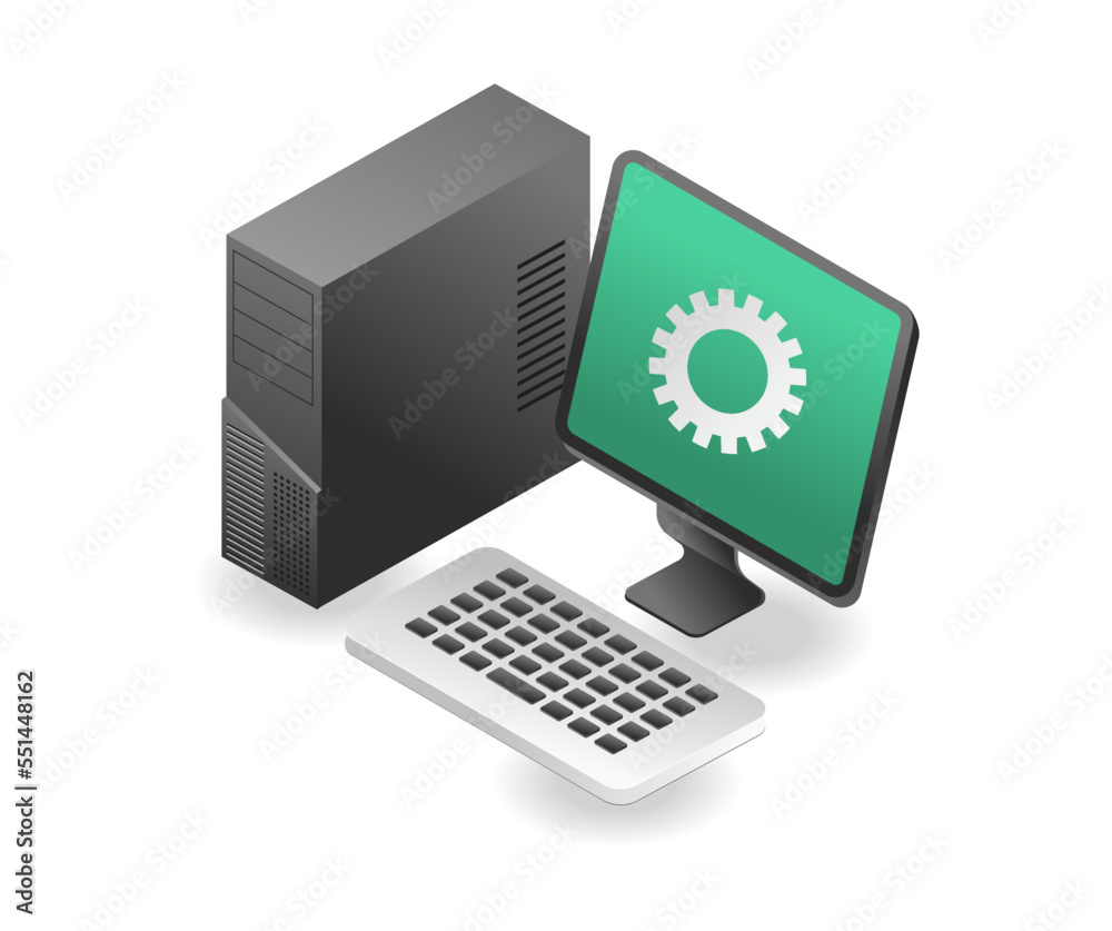 Poster flat 3d isometric illustration concept of pc computer working