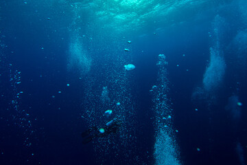 Fototapeta na wymiar underwater bubbles, water bubbles. Safety stop on diving. Red Sea, Egypt. 