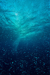  underwater bubbles, water bubbles. Safety stop on diving. Red Sea, Egypt. 