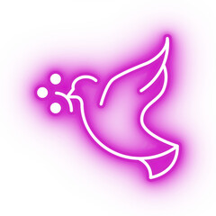 Neon pink dove icon, flying bird on transparent background