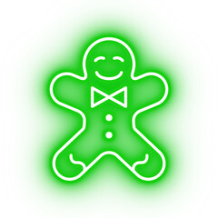 Neon green gingerbread man icon, gingerbread cookie on transparent background