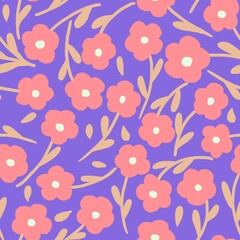 Seamless pattern with flowers. Simple repeated floral texture on purple background