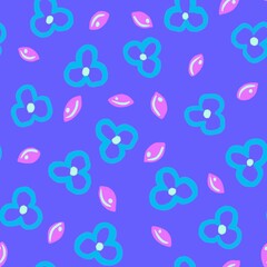 Seamless flower and leaf pattern on purple background. Floral meadow texture.
