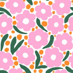 Pink flower seamless pattern. Simple floral and lead repeated texture