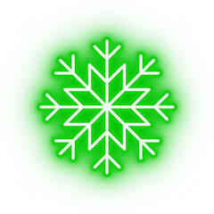 Neon green snowflake icon, snowflake on transparent background