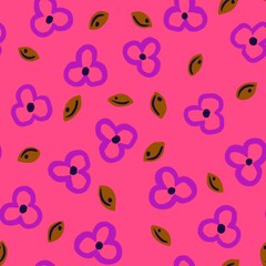 Seamless flower and leaf pattern on pink background. Floral meadow texture.